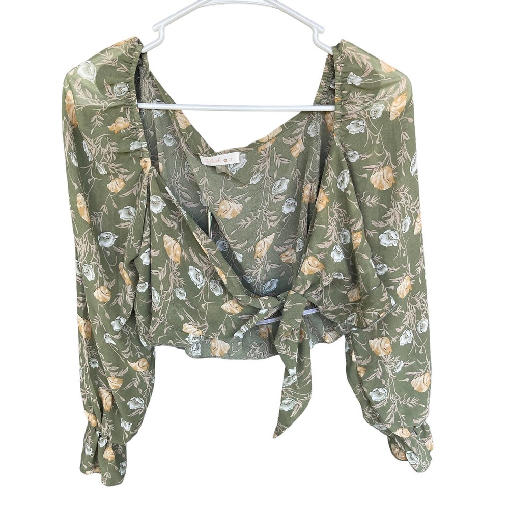 Blush J Womens Sage Green Floral Tie Front Crop Top Balloon Sleeve Small NWT